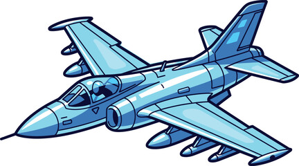 Cartoon Illustration of a Blue Jet Fighter Plane in Flight.