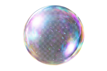 Colorful soap bubble floating isolated on transparent background with reflections and tiny water droplets in perfect spherical shape