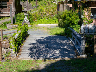 植物に覆われた神社の石橋