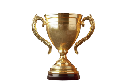 Gold trophy cup representing excellence in achievement and recognition for outstanding performance in various competitions and events, prominently displayed against a transparent backdrop