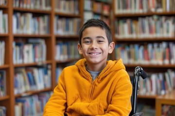 Hispanic Wheelchair. Young Hispanic Boy Studying and Learning in Library