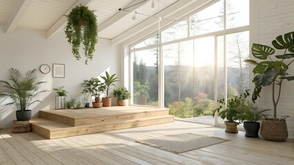 Sunlit Room With Wooden Stage, Large Windows, and Lush Green Plants For A Relaxing Vibe