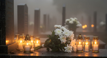 Cemetery at night with glowing candles, AI generated	