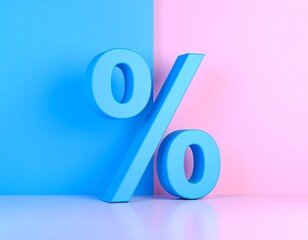 A large, light-blue percentage symbol sits on a pastel pink and blue background