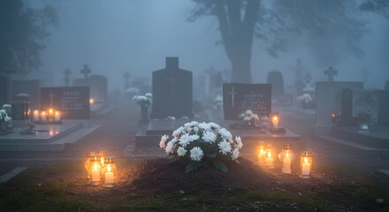 Foggy graveyard with flowers and candles, AI generated	