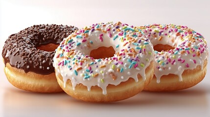 Three Chocolate Doughnuts with White Glaze and Sprinkles on Plain Background, Realistic Detailed Close-Up Colorful Display