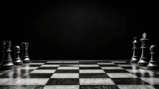 Black and white chessboard with chess pieces ready for game