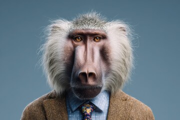 Humanized Animals. Corporate Baboon in Business Attire, Facial Portrait Concept