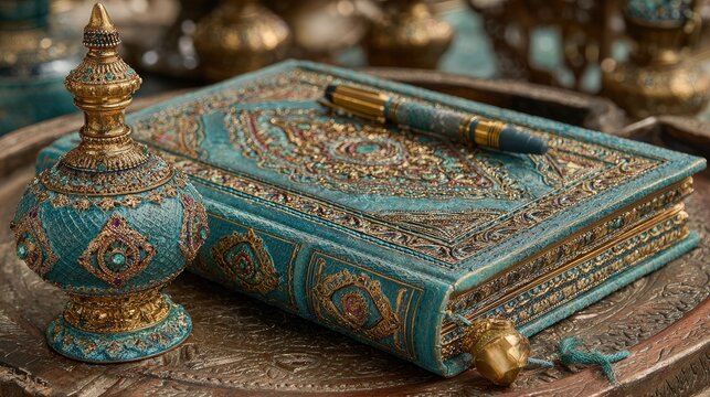 Teal leather-bound book & ornate bottle on wooden surface - Powered by Adobe