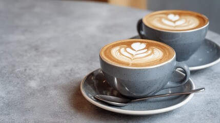 Two Cups of Latte Art on a Concrete Table, Perfect for a Coffee Break