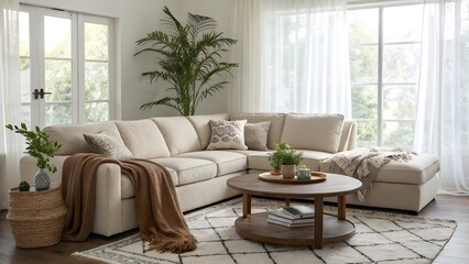 Cozy Living Room With Sectional Sofa, Indoor Plant, and Natural Light From Large Windows