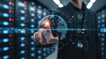 Global Technology - A man's finger touching a glowing world globe with icons for communication, AI, and security in a server room, symbolizing a global network