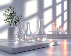 Monochromatic Laboratory Scene with Focused Glass Vial and Shelved Reports