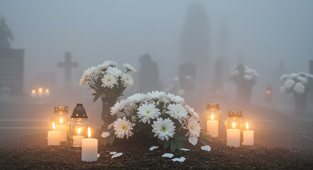 Foggy cemetery with white flowers on gravestones, AI generated	