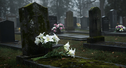Old gravestone with white flowers, AI generated	