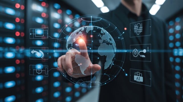 Global Technology - A man's finger touching a glowing world globe with icons for communication, AI, and security in a server room, symbolizing a global network