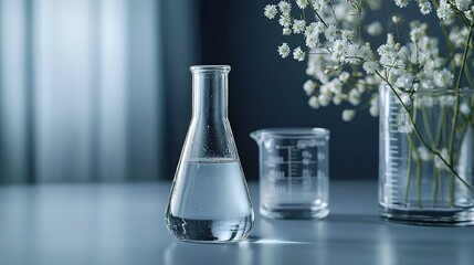 Monochromatic Laboratory Scene with Focused Glass Vial and Shelved Reports
