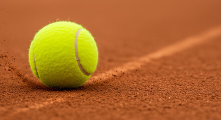 A close up shot of a tennis ball on a clay court with visible line and clay particles