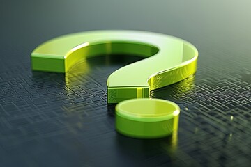 Metallic green question mark sits on artificial surface, evoking feelings of curiosity and mystery. Daytime light enhances its intriguing appearance.