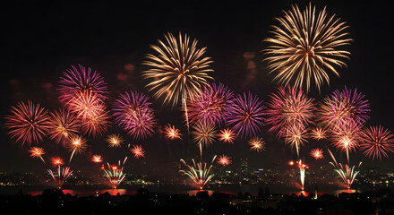 Colorful fireworks over city skyline, AI generated	