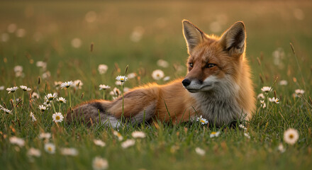 Fototapeta premium A red fox lying in a field of daisies looking off to the side during golden hour light