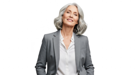 Senior caucasian businesswoman in a grey suit isolated on transparent background