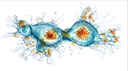 A biological cell dividing under a microscope, white background -