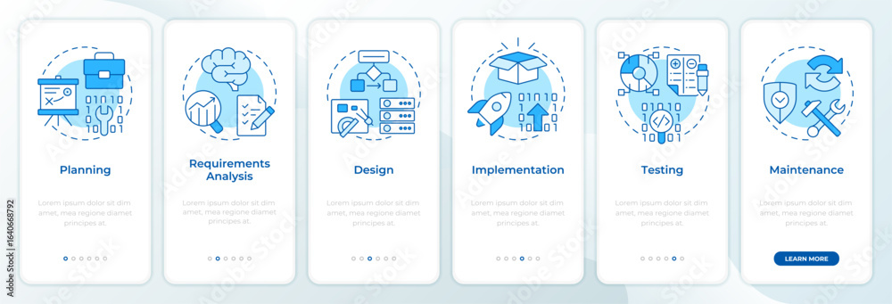 Wall mural software development life cycle blue onboarding mobile app screen. walkthrough 6 steps editable grap