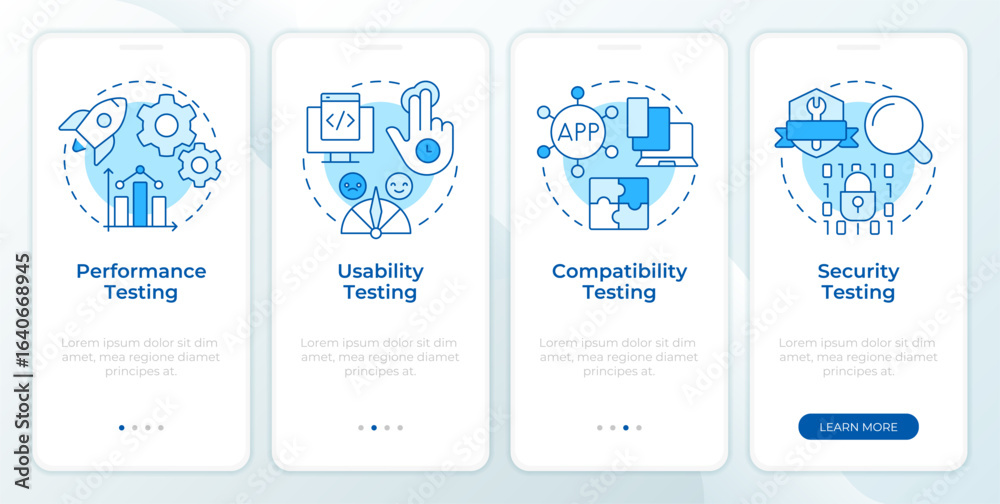 Wall mural software usability testing blue onboarding mobile app screen. walkthrough 4 steps editable graphic i