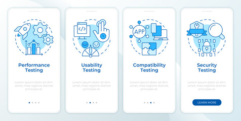 Software usability testing blue onboarding mobile app screen. Walkthrough 4 steps editable graphic instructions with linear concepts. UI, UX, GUI. Montserrat SemiBold, Regular fonts used