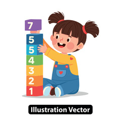 A happy young girl builds a tall tower with colorful numbered blocks for early learning fun.