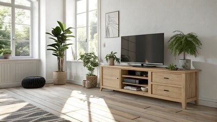 Living Room Interior with Wooden TV Stand, Plants, and Natural Light from Large Windows
