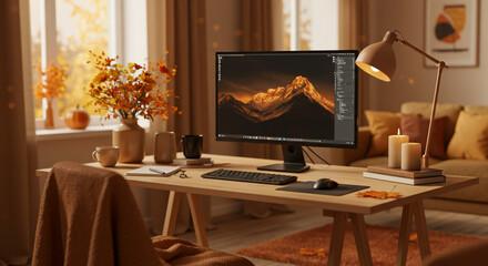 A cozy home office setup with a computer, lamp, flowers, and candles in an autumn theme