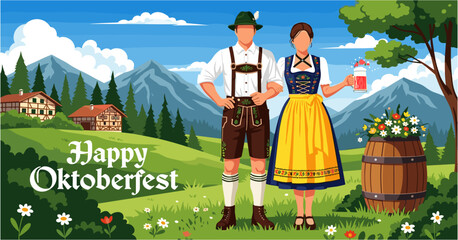 A German couple in traditional Bavarian attire celebrating the Oktoberfest festival in a scenic alpine landscape.