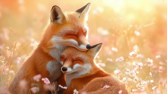 Foxes Hugging in Flower Field