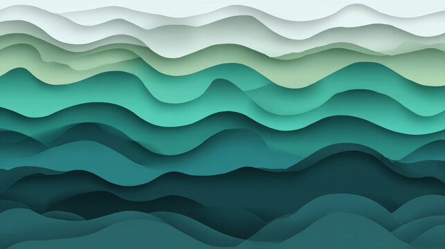 Abstract Minimalistic Wave Layers Paper Cutout Design Fluid Flow Motion Gradient Nature Tranquil Ocean Landscape Blue Green Smooth Elegant Digital Texture Art Vibrant Aesthetic Wallpaper Environmental