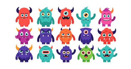 Obraz premium A vibrant collection of funny cartoon monster characters. Cute alien creature illustrations set on a white background.
