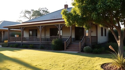 Single-story Australian suburban house with a wide veranda, lush garden in soft afternoon light.