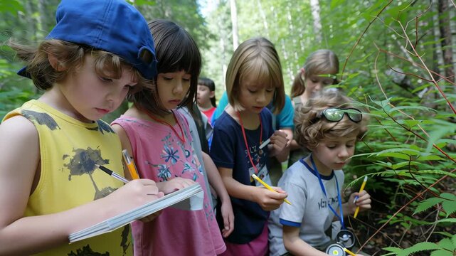 A group of children are looking at something in the woods and writing in their notebooks. Scene is curious and adventurous, as the children are exploring and learning about their surroundings