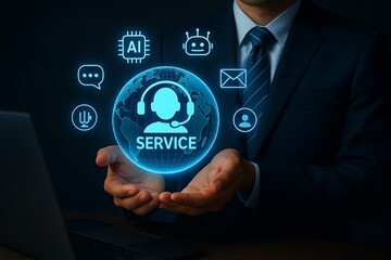 Businessman holding a glowing globe with service icons and AI technology