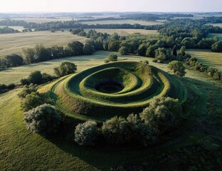 Aerial view of a spiraling, grassy, earthen mound in a rural landscape