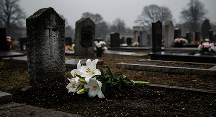 Cemetery with old gravestones and flowers, AI generated	