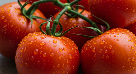 Close up shot of vibrant red tomatoes on the vine covered in glistening water droplets