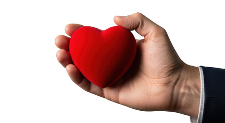 Hand holding a red heart shape isolated on transparent background