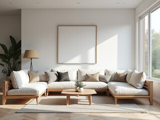 Bright contemporary living room with a comfortable sofa and blank artwork mockup