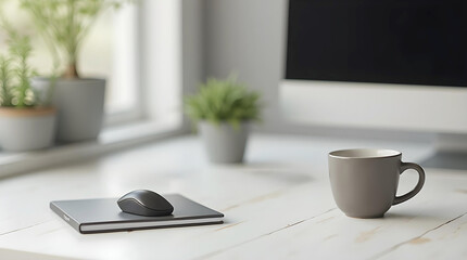 Desk setup with a computer, a mouse on a notepad, a coffee cup, and decorative plants in a bright workspace
