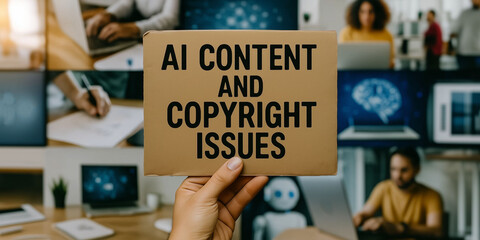 Hand holding cardboard sign with AI content and copyright issues text in front of collage of artificial intelligence generated images and creative digital content in office environment