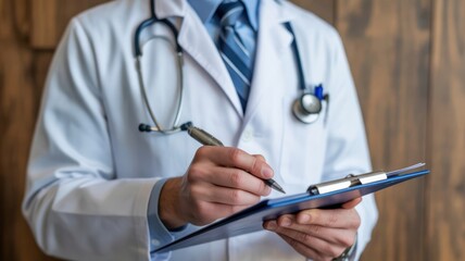 Medical Consultation - A doctor holding a pen and writing on a clipboard, symbolizing a professional medical consultation and patient records
