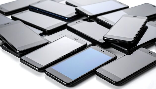 A pile of smartphones, screens blank, showing multiple angles and subtle reflections