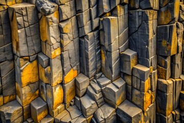 Columnar basalt rock formation with golden highlights and geometric stone texture